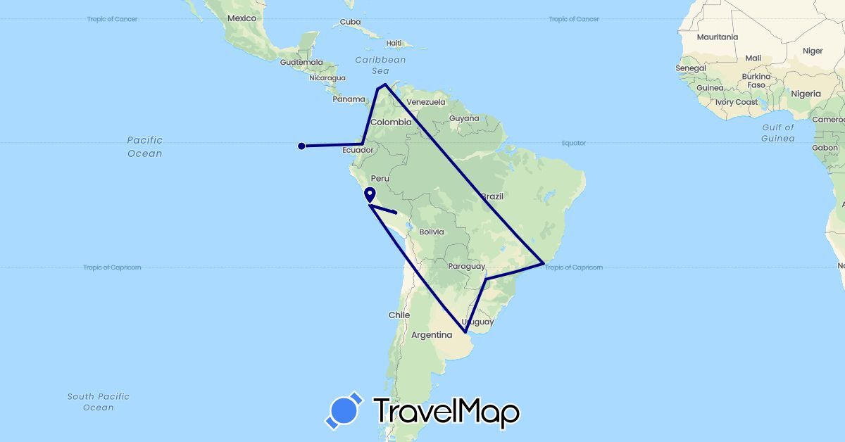 TravelMap itinerary: driving in Argentina, Brazil, Colombia, Ecuador, Peru (South America)